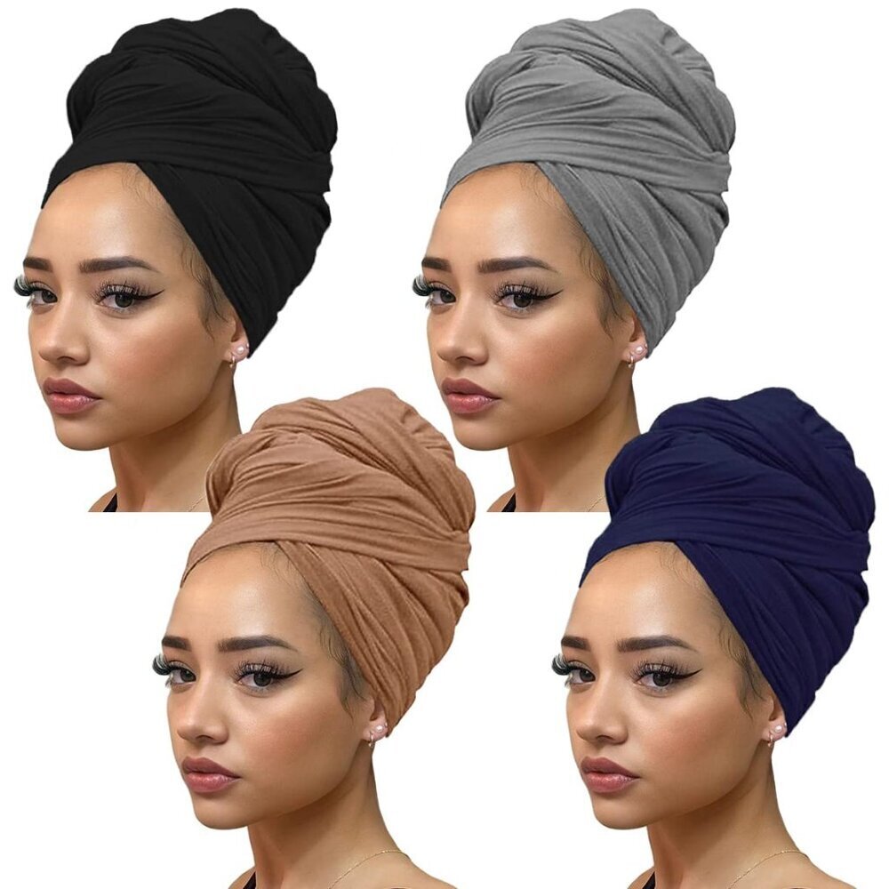 African Turbans Head Wraps Jersey 4-Piece Solid Color Headbands for Women